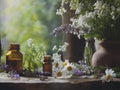 Close-up of medicinal plants and essential oils on a rustic table, soft natural light Royalty Free Stock Photo