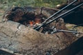 Medieval furnace with iron tongs and burning coals in forge Royalty Free Stock Photo