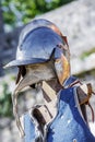 close up on a medieval helmet and plastron