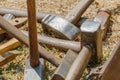 Close-up of medieval metal smith hammers