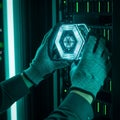 Photorealistic close-up of a technician\'s gloved hands inserting a glowing, geometric QPU into a massive server rack in a neon gr Royalty Free Stock Photo