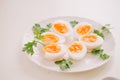 Close up medium soft boiled duck egg portion on white dish