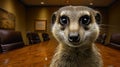 A close up of a meerkat sitting in front of an empty conference room table, AI Royalty Free Stock Photo