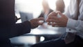 Close up. Meeting of project leaders. Hands of a business people having a project discussion or business agreement Royalty Free Stock Photo