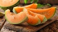 A close up of melon slices on a wooden cutting board, AI Royalty Free Stock Photo