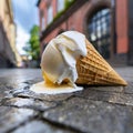 close-up of a melted ice cream cone fallen onto the pavement of a city