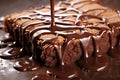 close up of melting chocolate drizzle on brownies