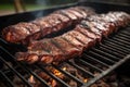 close-up of memphis dry-rubbed pork ribs on a grill