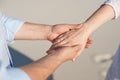 Close-up man and woman hand touching holding together on blurred background for love and healing concept.