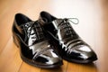 close-up of mens dress shoes with shining toe caps