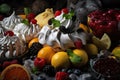 close-up of meringue dessert with fruit and other ingredients