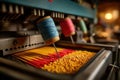 Close-up on a mesmerizing sewing machine, where the thread spools craft intricate designs on the fabric, showcasing the artistry Royalty Free Stock Photo