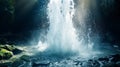 A close-up of the mesmerizing spray from a waterfall\'s plunge into a tranquil pool