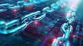 Close-up of metal chain links over a digital background, symbolizing blockchain technology and cybersecurity concepts