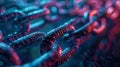 Close-up of metal chains with digital data overlay, symbolizing secure blockchain technology and cybersecurity in blue and red