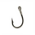 A close-up of a metal fishhook against a white background. The hook features a shar Royalty Free Stock Photo