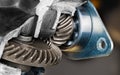 Steel cogged wheels inside detail of broken machine box of aluminum alloy Royalty Free Stock Photo