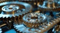Close-up of metal gears and cogs in machinery