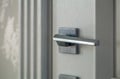 Close-up, metal handle in the door, blurred background. Royalty Free Stock Photo