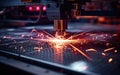 Close-up of a metal laser cutter machine showcasing the beam slicing through a metallic sheet. Generative AI Royalty Free Stock Photo