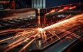 Close-up of a metal laser cutter showcasing the beam cutting through a metallic sheet and generating sparks. Generative AI Royalty Free Stock Photo