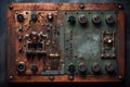 A close up of a metal panel with many knobs