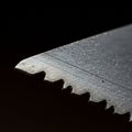 Close-up of a metal saw blade featuring sharp, jagged teeth. The blade surface is Royalty Free Stock Photo