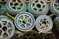 Closeup metal steampunk background of cogwheel / gear spare parts