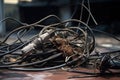 close-up of metal wires and cables, tangled and broken due to power line break