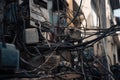 close-up of metal wires and cables, tangled and broken due to power line break