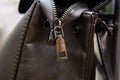 Close-up metal zipper on a leather bag Royalty Free Stock Photo