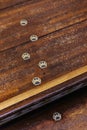 Close up metallic cat foot traces on wooden stair Royalty Free Stock Photo