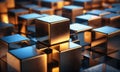 A close-up of metallic cubes arranged in a grid, illuminated by warm light Royalty Free Stock Photo