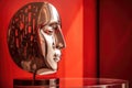 Close up of metallic face sculpture on red background, created using generative ai technology Royalty Free Stock Photo