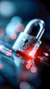Close-up of a metallic padlock on a digital circuit board symbolizing cybersecurity and data protection Royalty Free Stock Photo