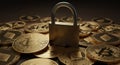 Close up of a metallic padlock on top of a pile of cryptocurrency tokens Royalty Free Stock Photo
