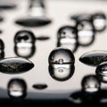 Close-up of metallic, reflective liquid droplets on a smooth surface, resembling mercury. The Royalty Free Stock Photo
