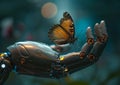 Close-up of a metallic robot hand with a colorful butterfly on the palm generated by AI.