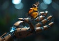 Close-up of a metallic robot hand with a colorful butterfly on the palm