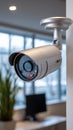Close-up of a metallic surveillance camera mounted to the ceiling in an interior setting with a blurred background. Royalty Free Stock Photo