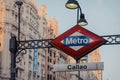 Close up of Metro sign on Callao station in Madrid, Spain