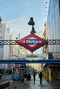Close-up of Metro sign at the entrance of the Callao metro station, Gran Via, Madrid, Spain.