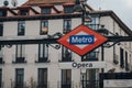 Close up of Metro sign outside Opera station in Madrid, Spain