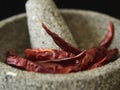 Chile de arbol dry, ingredients for spicy salsa, mexican chile, close up of mexican molcajete, kitchen mortar and dry chile