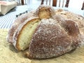 Close up of a mexican pan de muerto bread typical of the Day of the Dead celebration