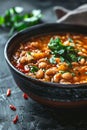 Close-up Mexican pozole, a delicious and hearty soup made with hominy, meat, and spices