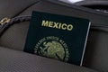 Close up of Mexico Passport in Black Suitcase Pocket