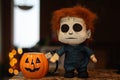 Close-up of Michael Myers plush toy and a jack-o'-lantern