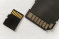 Close-up of micro SD memory card and SD adapter isolated on white copy space background. Modern technology concept Royalty Free Stock Photo