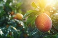 Close up micro shot of ripe mango with water drops on tree, perfect for banner with copy space Royalty Free Stock Photo